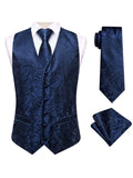 Blue Men Vest Three-Piece Suit Set, Dress Waistcoat with Tie and Pocket Square for Party Ceremony Qme MJ-3214 XXXL