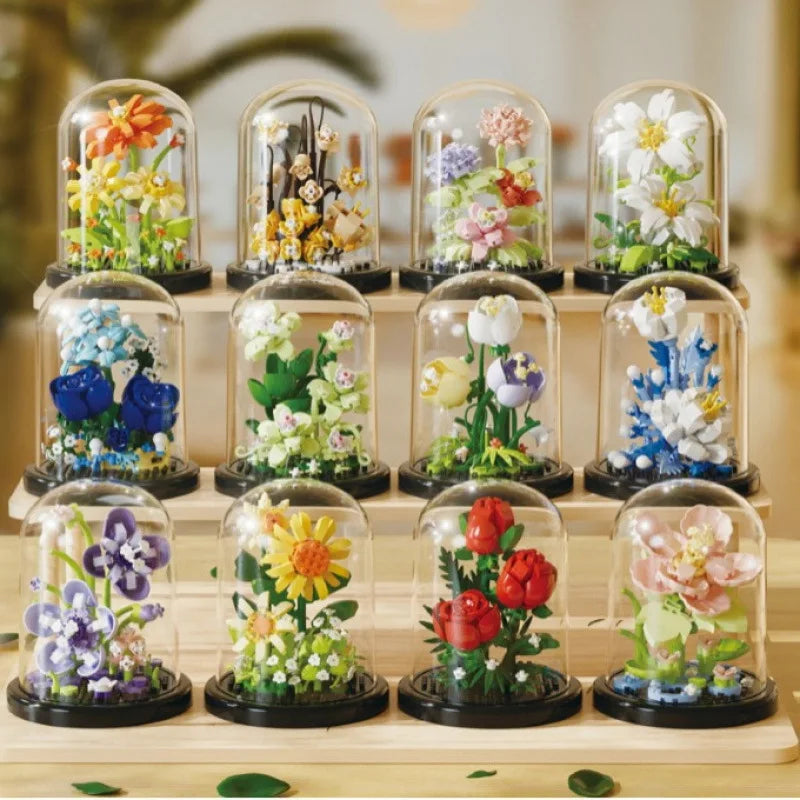Flower Bouquet Bonsai Building Blocks Artificial Plastic Plant Dust Cover Micro Model Home Decoration Toys For Kid Birthday Gift Qme