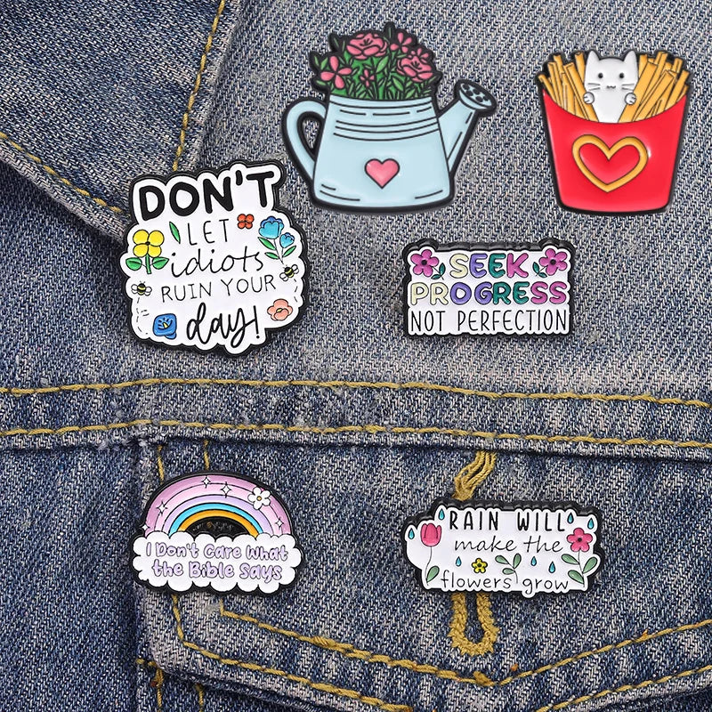 Cartoon Rainbow English Enamel Pins Seek Progress Not Perfection Metal Badge Brooch Children And Friends Jewelry Gifts Wholesale Qme
