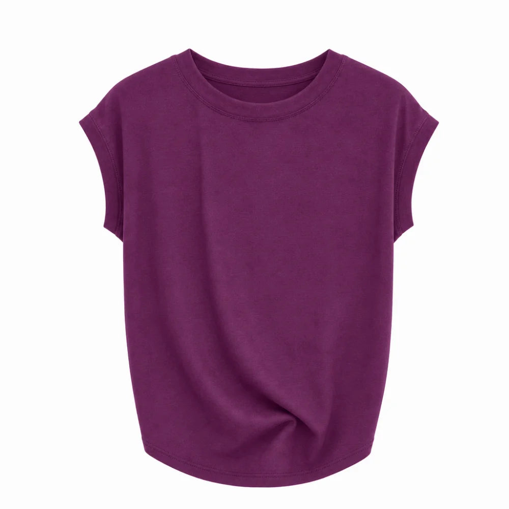 Korean Style Round Neck Women T Shirt Solid Color Breathable Short Sleeved T Shirt Slim Fit Stretchy Thin Base Top Summer Qme Purple M