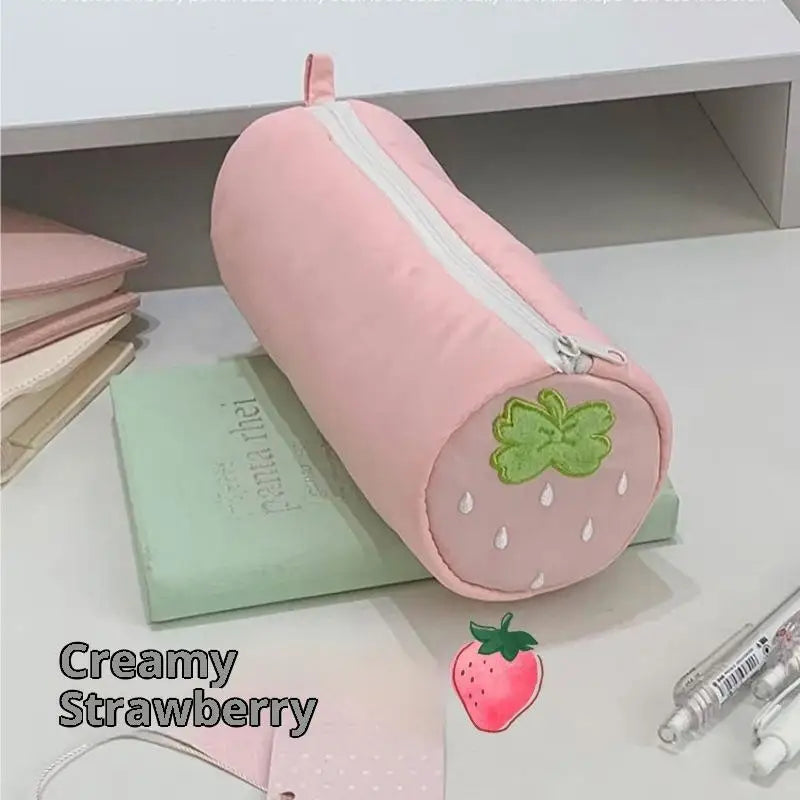 Cream Strawberry Polka Dot Pink Pencil Case Student Stationery Back Qme A2