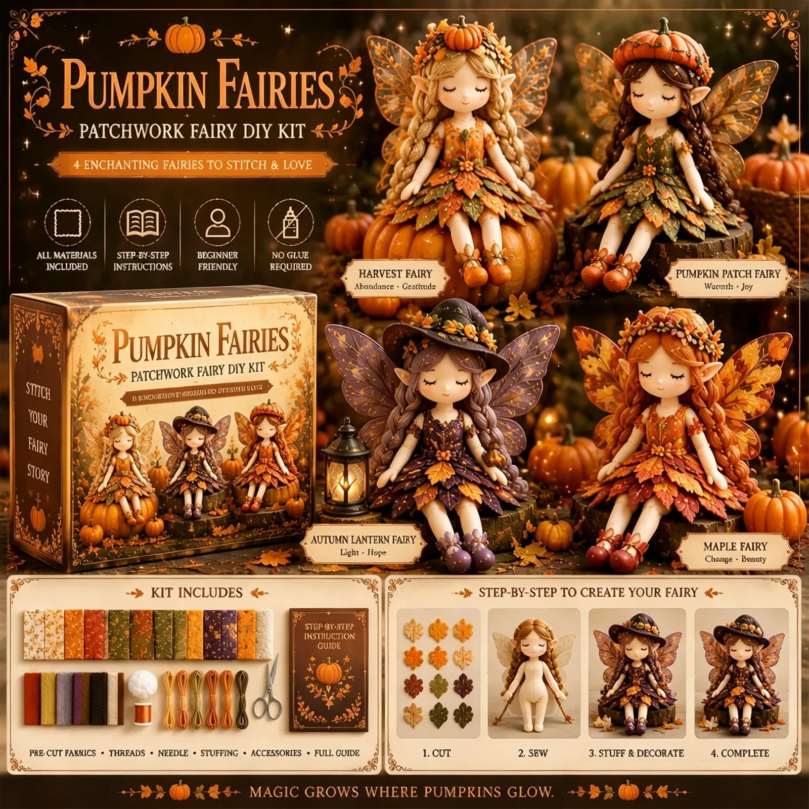 4Pcs Fairy Patchwork DIY Collection Handmade Make Winged Fairies Cloth Figurine Fairy Patchwork Sewing Kit Gift for Craft Lovers Qme