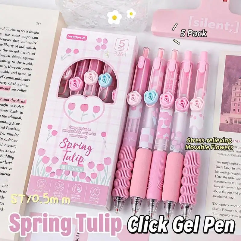 3D Flower Retractable Gel Pens Soft Anti-slip Grip Fine Nib Smooth Qme C