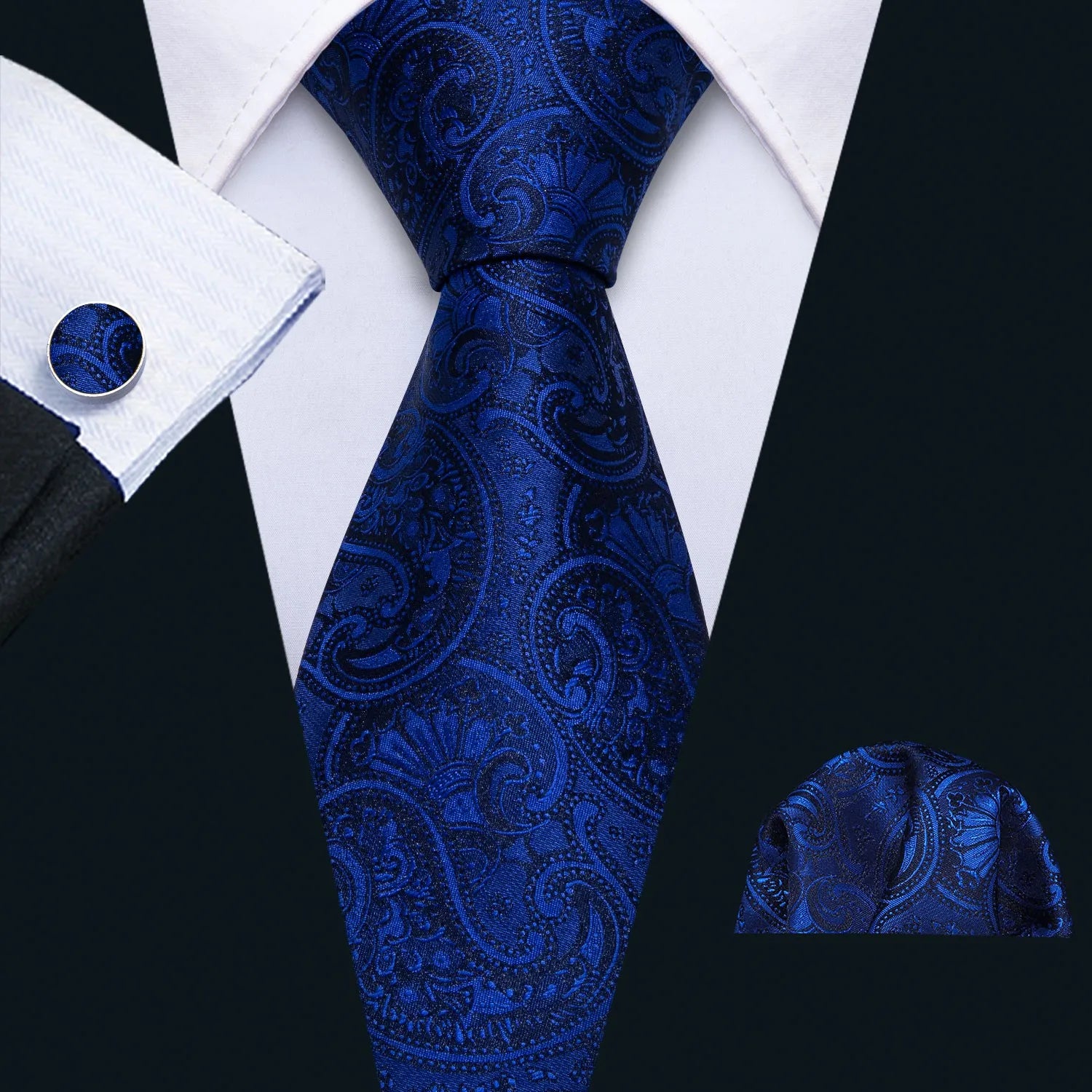 Tie Set for Men, 3-Piece Wedding Accessories with Cufflinks & Pocket Handkerchief, Striped/Floral Design Qme DPTH-HT-LDSN1435