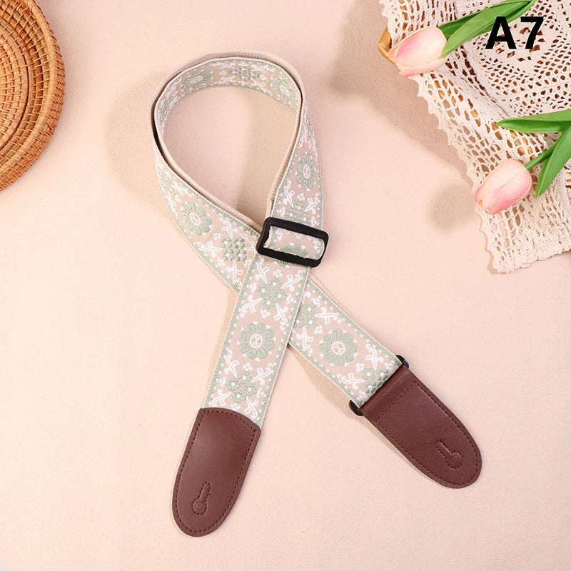 Guitar Strap Bass Cotton Leather Embroidery Straps Adjustable Neck Qme A7