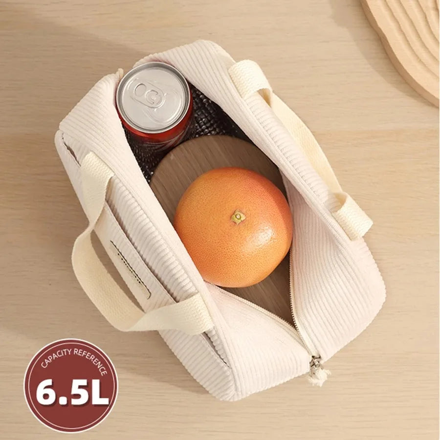 Corduroy Lunch Bag Portable Thermal Insulation Women's Cute Print Large Capacity Picnic Bento Box Handbag for Lunch Storage Qme