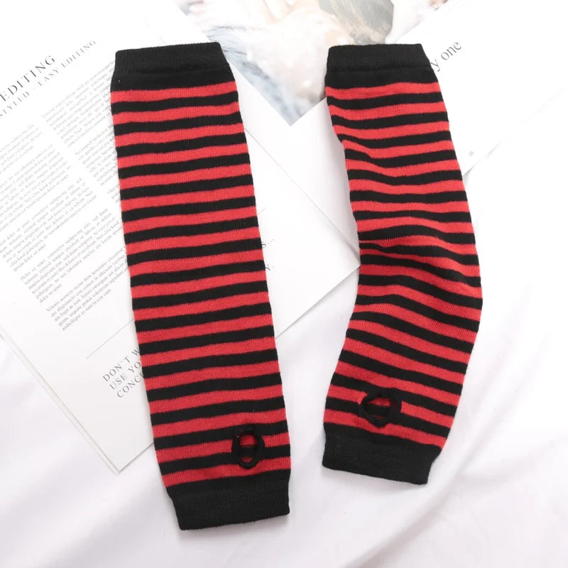 Punk Winter Warm Long Sleeves Gloves Goth Men Women Fingerless Stripe Hip-Hop Knitted Elbow Mittens Elastic Outdoor Warmer Arm Qme Blue Length -32cm