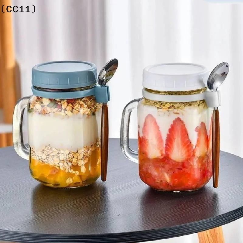 Overnight Oats Containers Handle Lid Spoon Glass Oatmeal Jars Cereal Qme