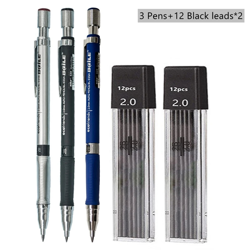 Mechanical Pencil Set 2.0 mm with 2B Black/Colors Lead Refill For Writing Sketching Art Drawing Painting School Automatic Pencil Qme Black Pencil set B