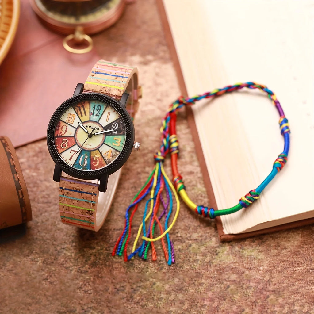 Ethnic Style Ladies Quartz Watch Colorful Cork Strap Matching Rainbow Tassel Bracelet Student Casual Jewelry Set Qme