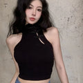 Frog Buckle Cheongsam Style Skinny Vest Sleeveless Backless Slim Crop Top Streetwear Ethnic Style Tanks Tops Women Spicy Girls Qme Coffee One Size