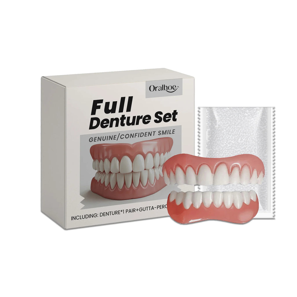 Silicone Dentures False Teeth Full Set Cover Gums Improve Missing Broken Tooth Restore Confident Smile Teeth Denture Reliner Kit Qme 1Set Boxed