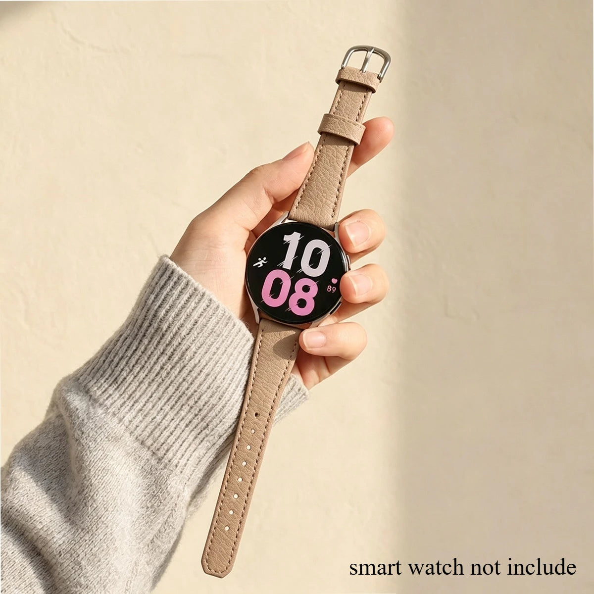 20mm Leather Band for Samsung Galaxy Watch 8 40mm Lychee Pattern Correa for Galaxy Watch 7 6 5 4 40mm 44mm Strap Qme Khaki GalaxyWatch7 40 44mm