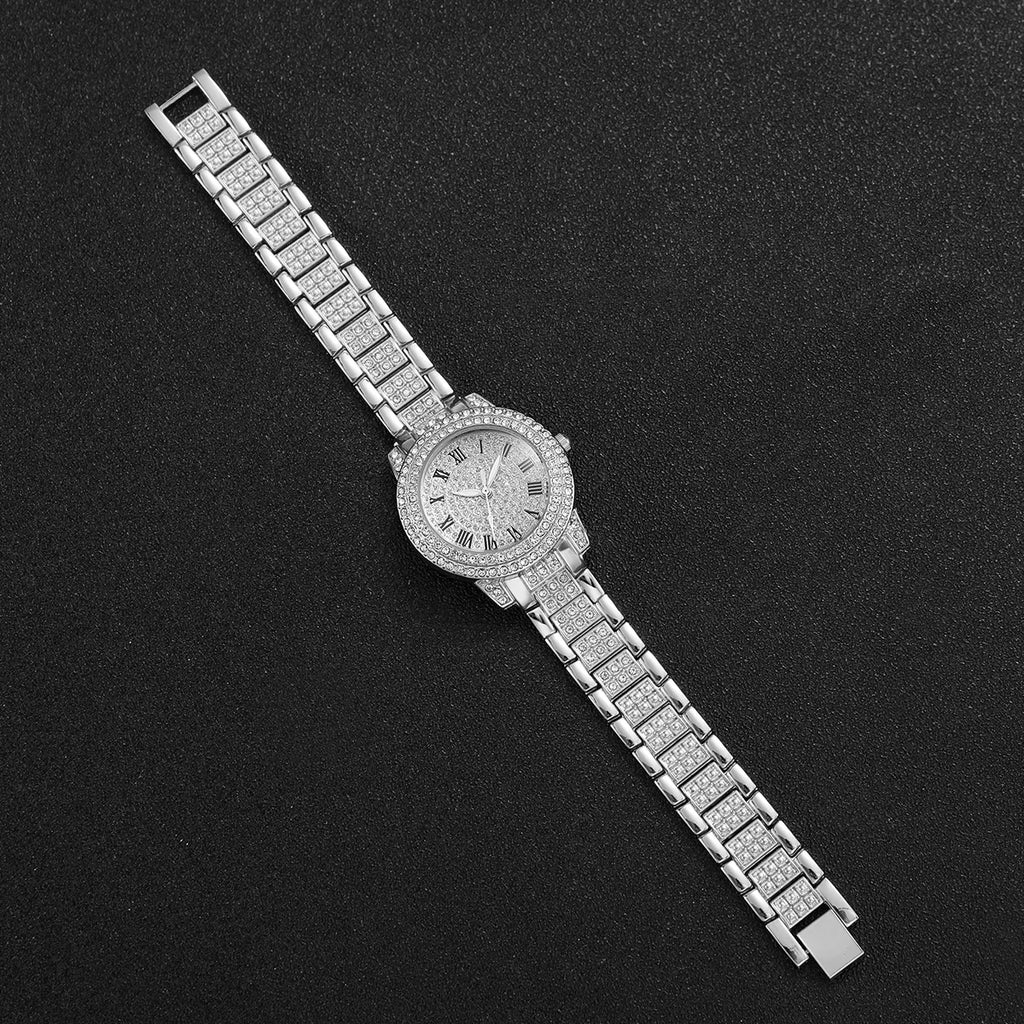 3 peças relógios femininos moda completa strass relógio de quartzo pulseira de aço inoxidável relógios de pulso (sem caixa) Qme