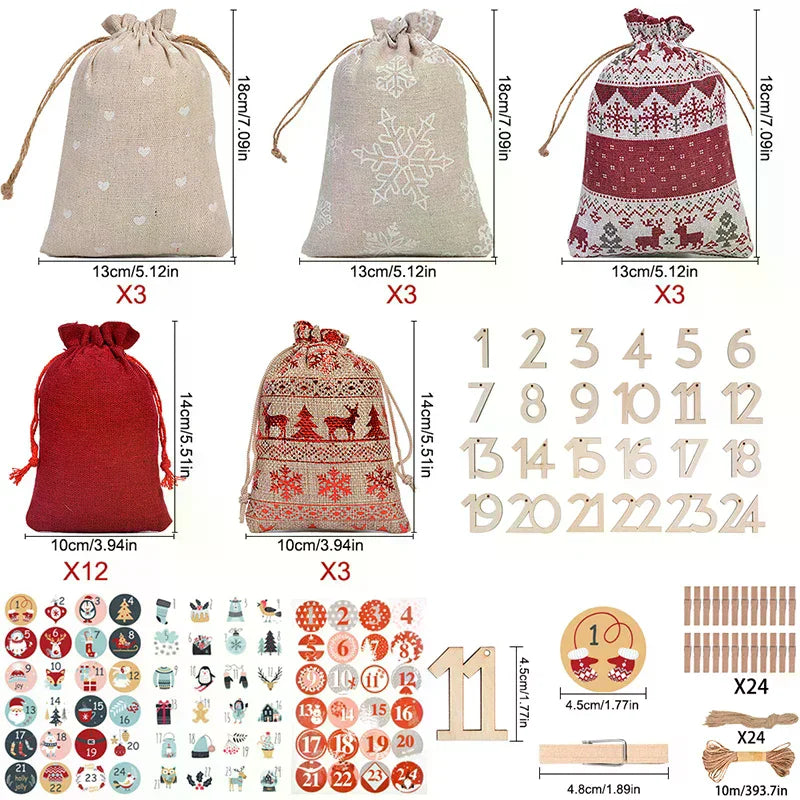 Christmas Advent Calendar Bags 24 Days Countdown Calendar Bags Drawstring Gift Bags For Adults And Kids DIY Candy Bags Qme