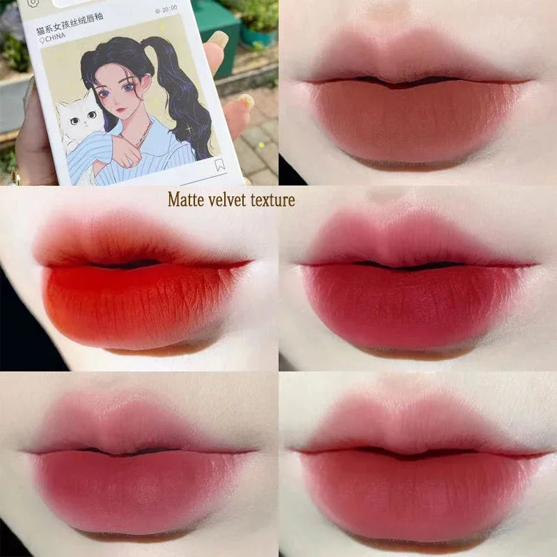 5Pcs Cigarette Lip Gloss Set Matte Red Tint for Lips Makeup Long Lasting Water Mirror Lip Glaze Waterproof Lipstick Kit Cosmetic Qme Cat girl 5Pcs