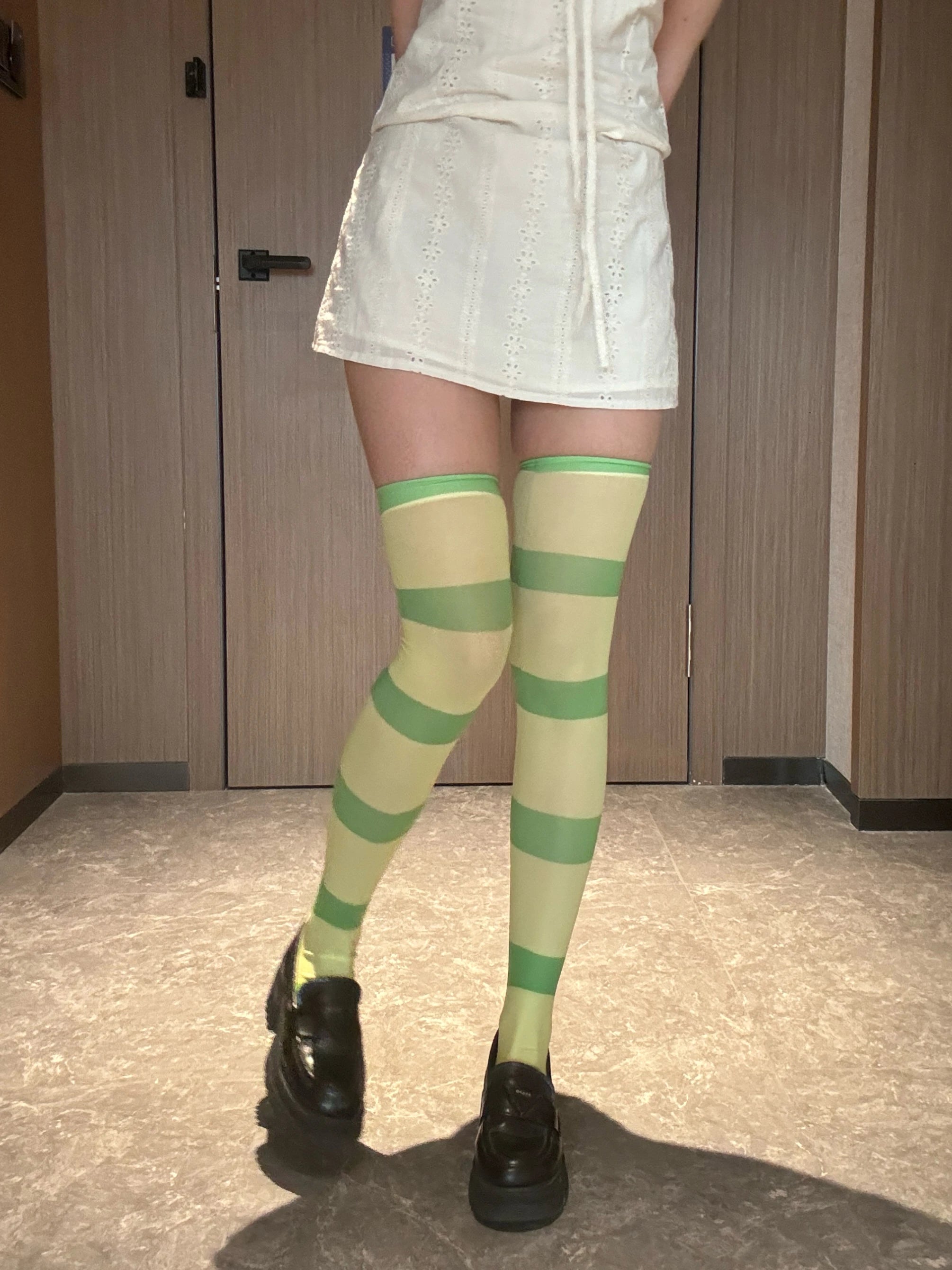 Anime Green White Horizontal Striped Over-the-knee Stockings Fashion Qme