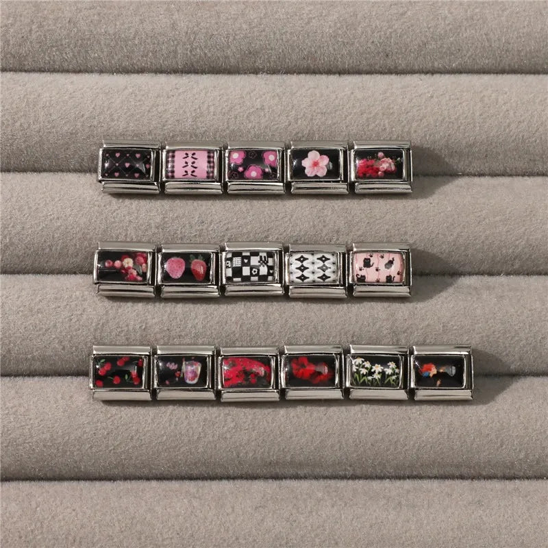 Wholesale Brilliant Rainbow Pretty Girl Black Italian Charm Links Fit 9MM Stainless Steel Bracelet Women Y2K DIY Making Jewelrys Qme