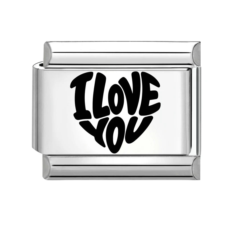 New Fashion Charm Italian Links Fit 9mm Stainless Steel Women Men Jewelry DIY Making Black Heart I Love you You Love Me Bracelet Qme Style 15