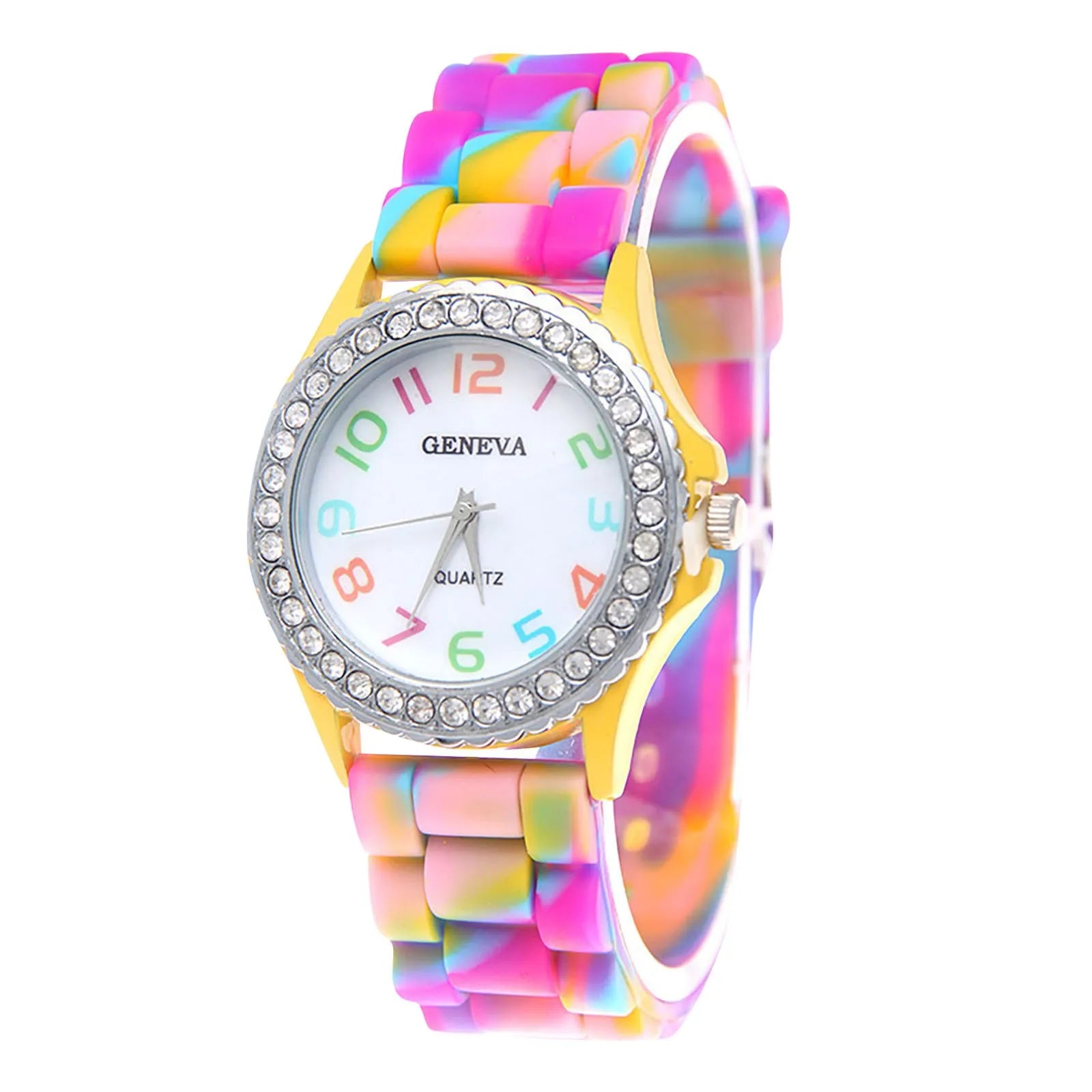 Girls’ Silicone Camouflage Watch Crystal Bling Quartz Wrist Watch Fashion And Cool Casual PU Strap Round Dial With Diamond Watch Qme B
