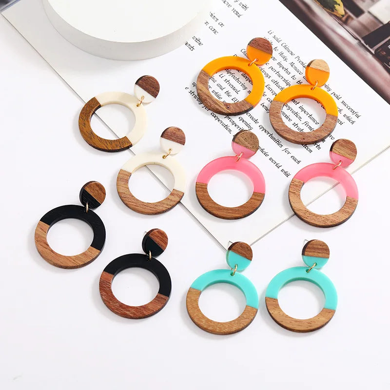 New Personalized Wood Splicing Resin Earrings Simple Round Hollow Dangle Earrings Best Party Wedding Anniversary Jewelry Gift Qme
