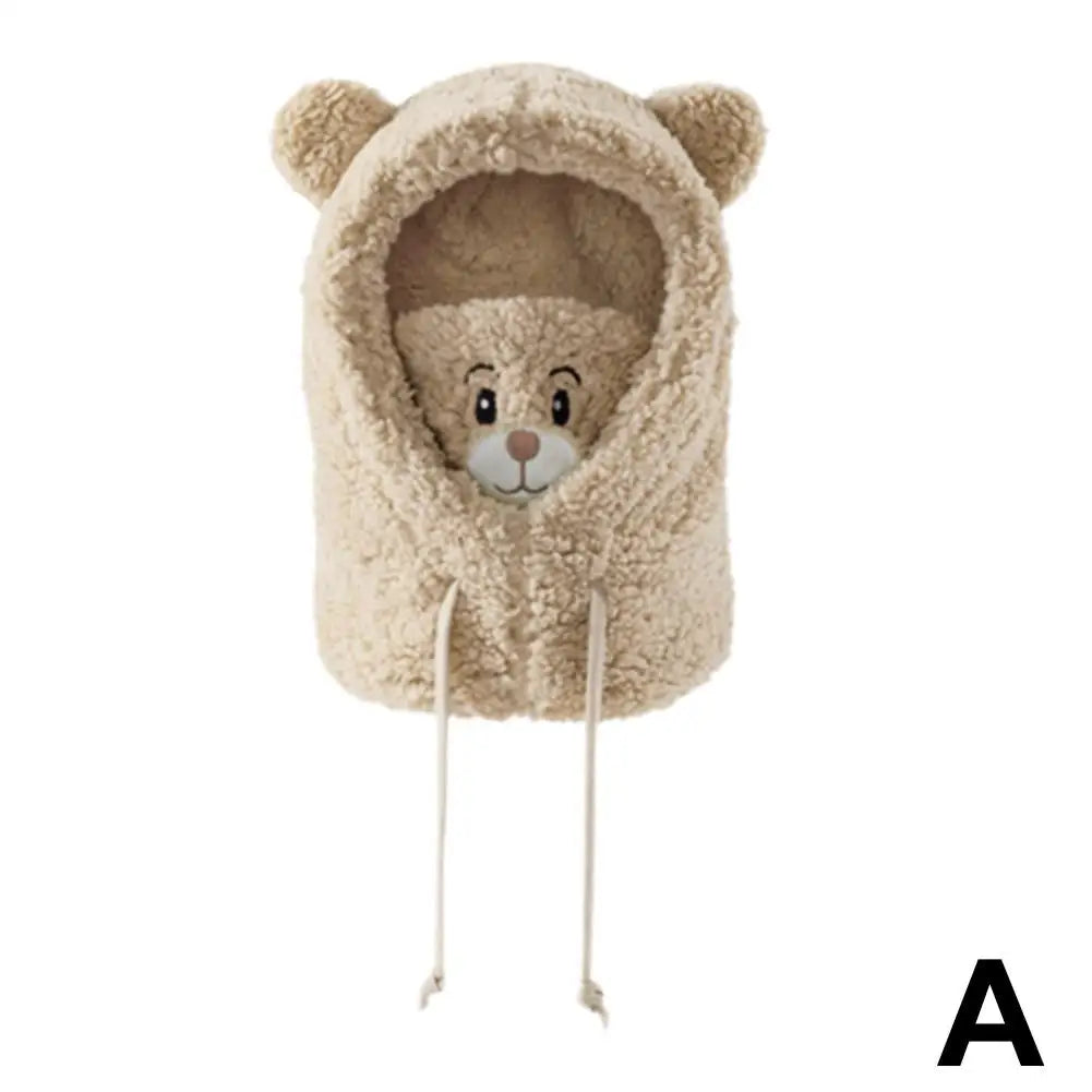 Winter Bear Plush Hat Scarf Mask One-Piece Warm Women's Cozy All-Match Cold Resistance Student Overhead Cap Fashion Accessory Qme A