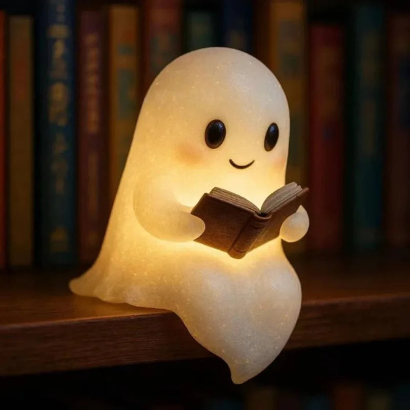 Cute Ghost Reading Book Night Light Spooky Halloween Decor Bedroom Qme 9.5X8.5X14 YELLOW
