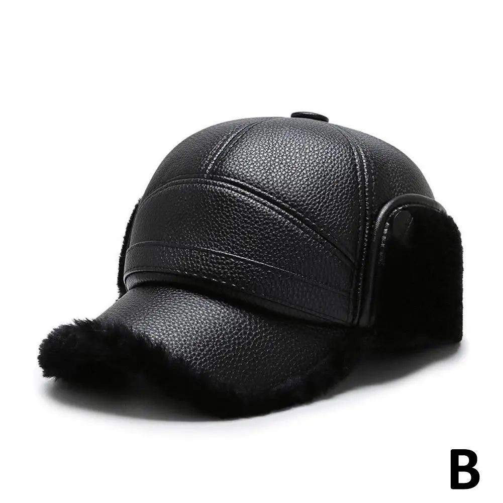 NEW Pu Leather Baseball Cap Men Winter Warm Hat Dad Grandpa Thermal Hat Thick Warm Leather Hat Old Man Ear Protection Cap Qme Black One size