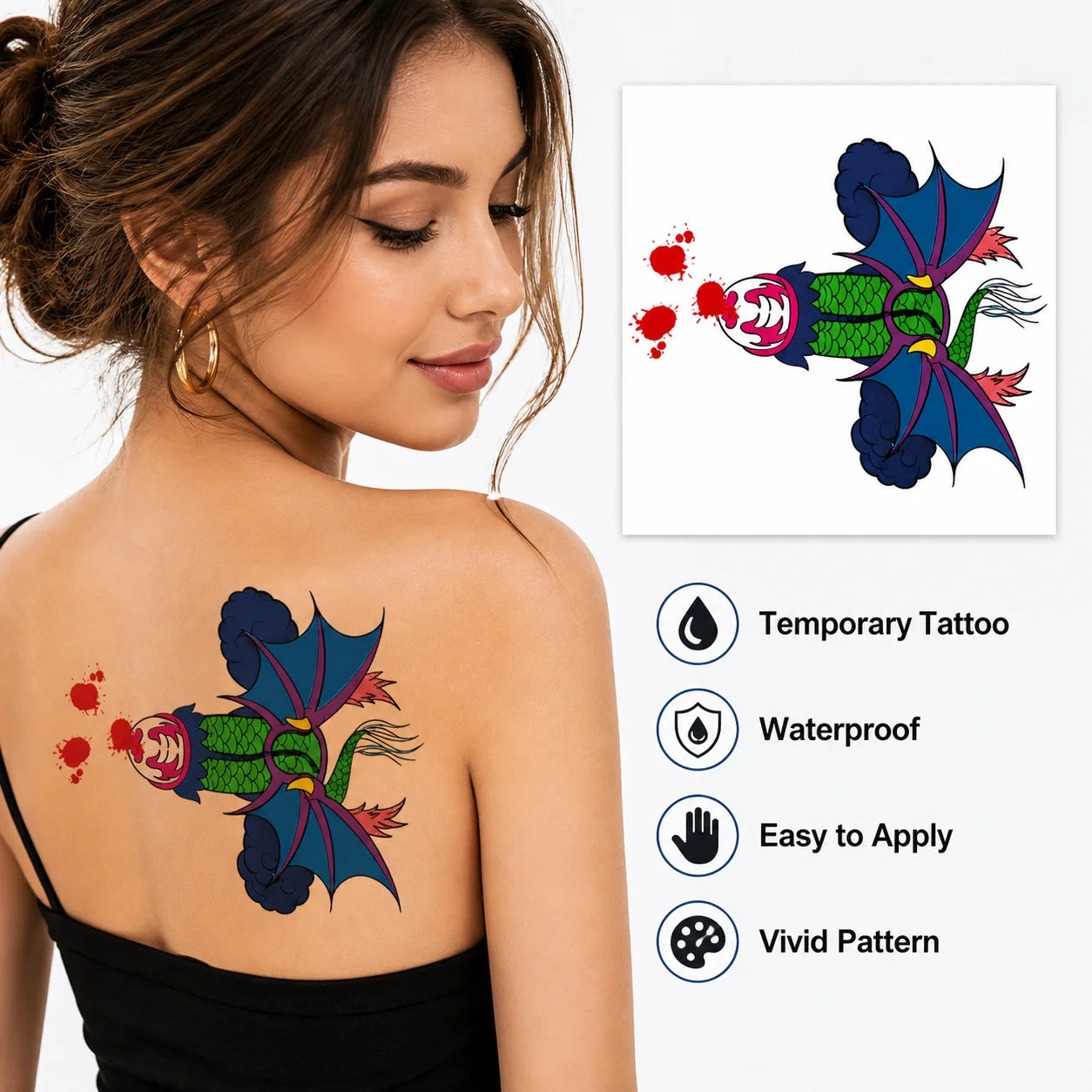 1 pc Temporary Tattoo Sticker, Colorful Fantasy Dragon Fish Body Art, Waterproof Party Festival Tattoo for Women Men Qme