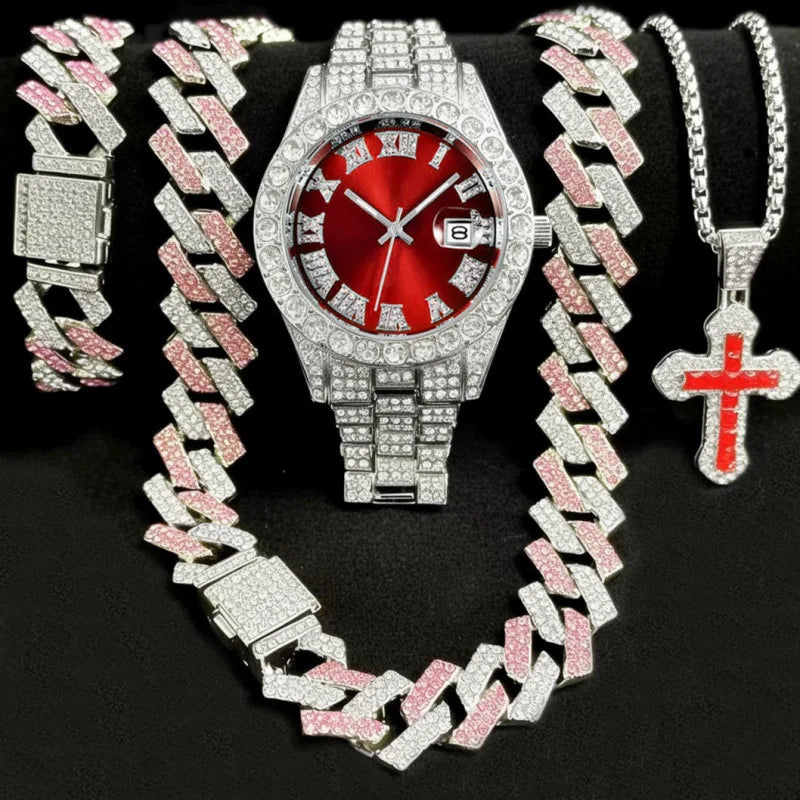 Men's Bling Jewelry Set: Gold Iced Out Watch + Two-tone Cuban Link Chain + Bracelet + Blue Cross Pendant Necklace, 4Pcs Hip Hop Qme Multicolor