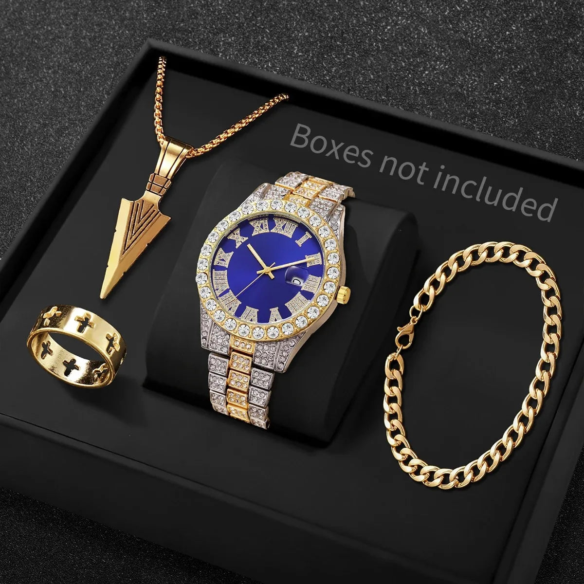 Hip Hop Diamond Watch Jewelry Set Spear Pendant Ring Bracelet For Men Qme