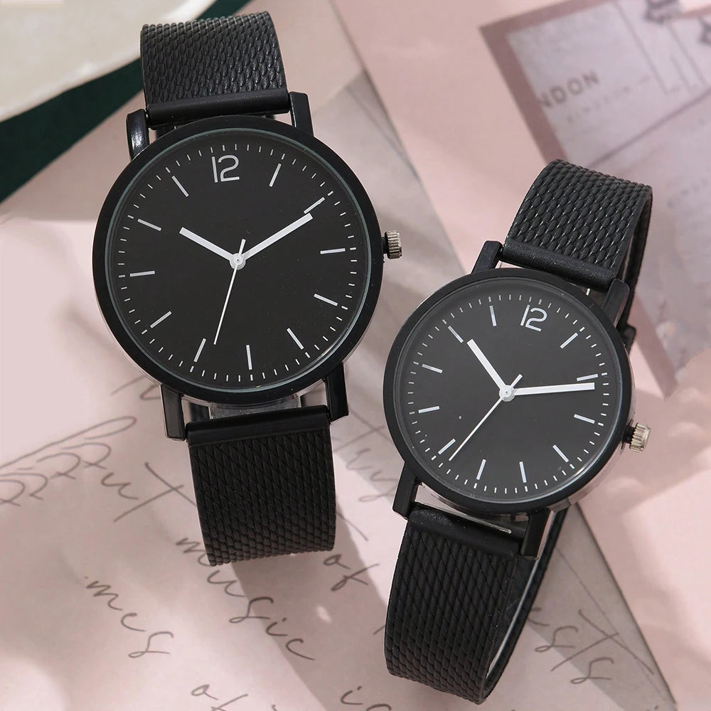 2Pcs Geneva Couple Men Watch Set Black Suede Leather Chronograph Quartz Wristwatch Roman Dial Black White Dual Face Gift Qme Black C