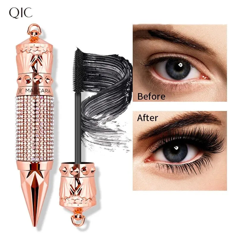 Mascara Waterproof Smudge Proof Elongate Eyelashes Makeup Tool, Natural Thick Curling, Rhinestone Decorative Shell Qme