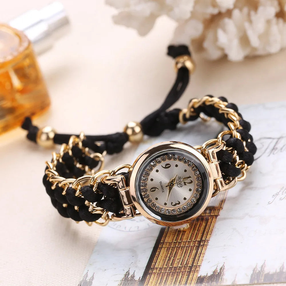 Women Knitting Rope Chain Winding Analog Quartz Movement Wrist Watch Fashionable Simple Style Quartz Wristwatch Reloj Mujer Qme Black