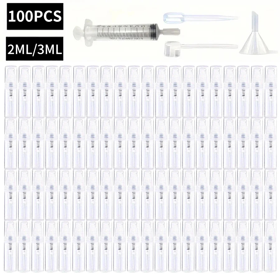 100 Spray Bottles 2ML/3ML- Odorless, BPA-free clear refillable travel atomizer, portable mini-sprayer for perfume and cosmetics Qme Plastic 100pcs 3ml