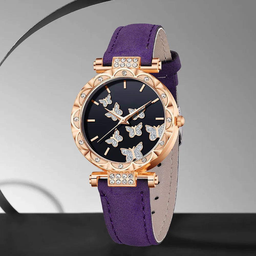 Rose Gold Ladies Purple Leather Watch Set Black Butterfly Glitter Dial Full Matching Purple Butterfly Pearl Jewelry Qme