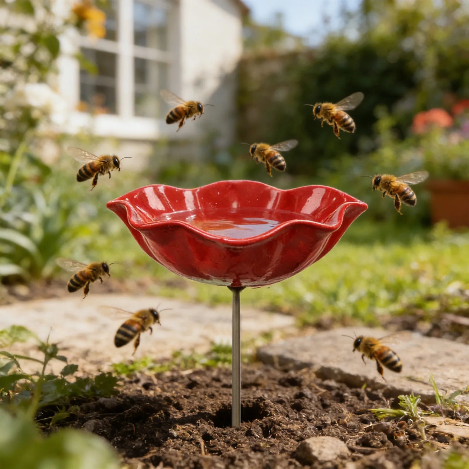 Bee Watering Station Metal Bee Water Feeder Multi-function Butterfly Bath Bowl Standing Bee Feeder For Garden Yard Decor Qme