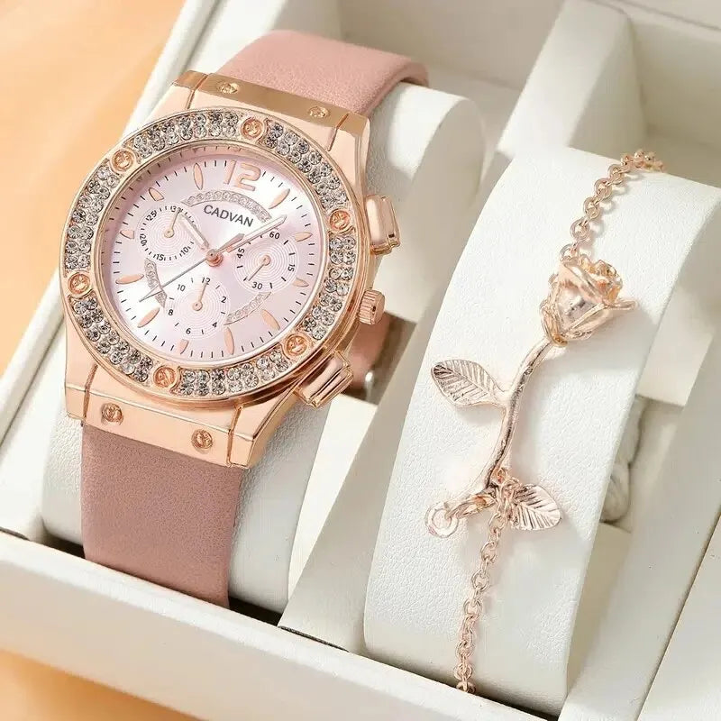 2pcs/set Watches Set Luxury Rhinestone Women Fashion Elegant Wristwatch Quartz Watch Qme Pink