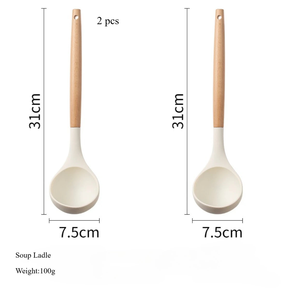 2/12Pcs White Silicone Kitchen Utensils Set with Wooden Handle,Cookware Spatula, Heat Resistant Non-stick Kitchen Cooking Tools Qme Soup Ladle-2pcs