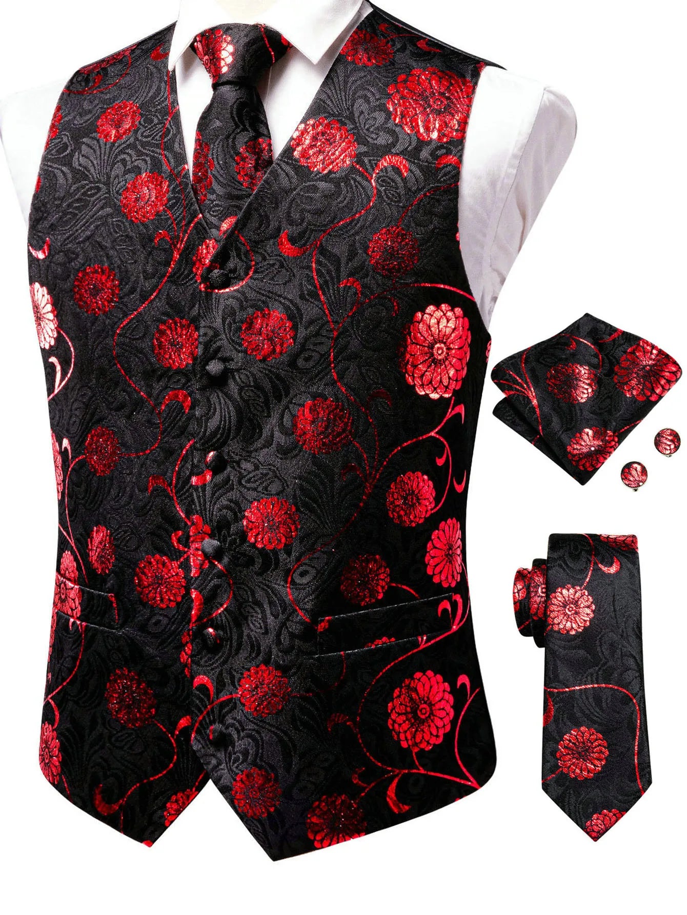 Men's Floral Paisley Suit Vest Tie Formal Waistcoat Necktie Pocket Qme