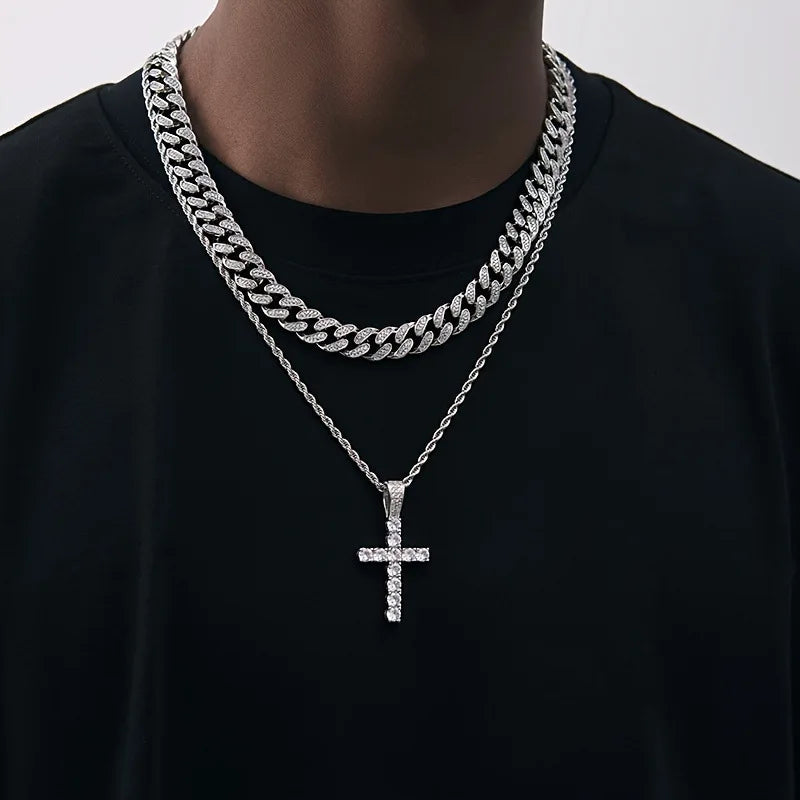 5pcs men's rhinestone watch set, fashionable cross necklace ring bracelet set, father plot gift Qme