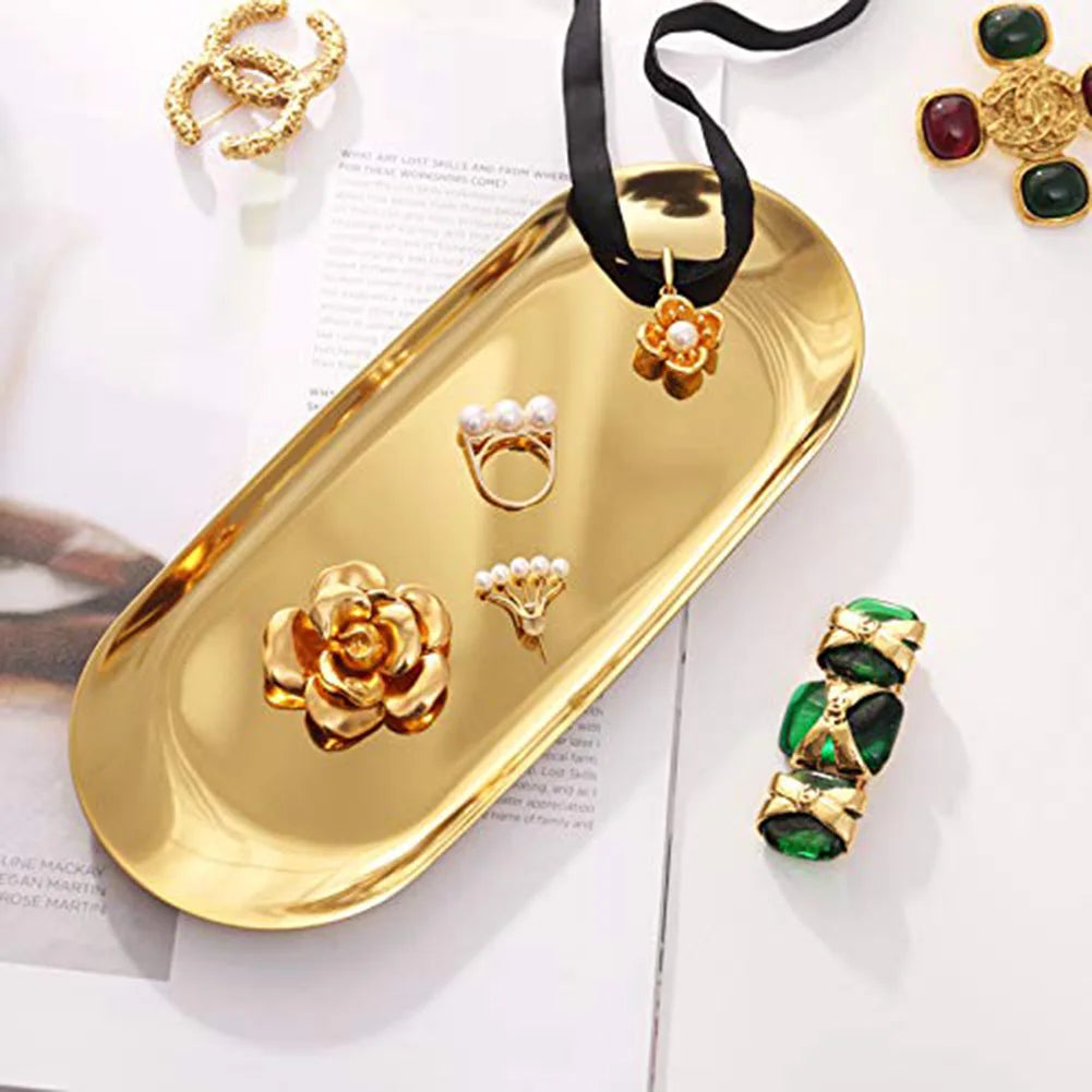 1pc Oval Stainless Steel Tray Storage Tea Fruit Cosmetics Jewelry Plate Gold 18cm 23cm Tableware Home Accessories Organization Qme