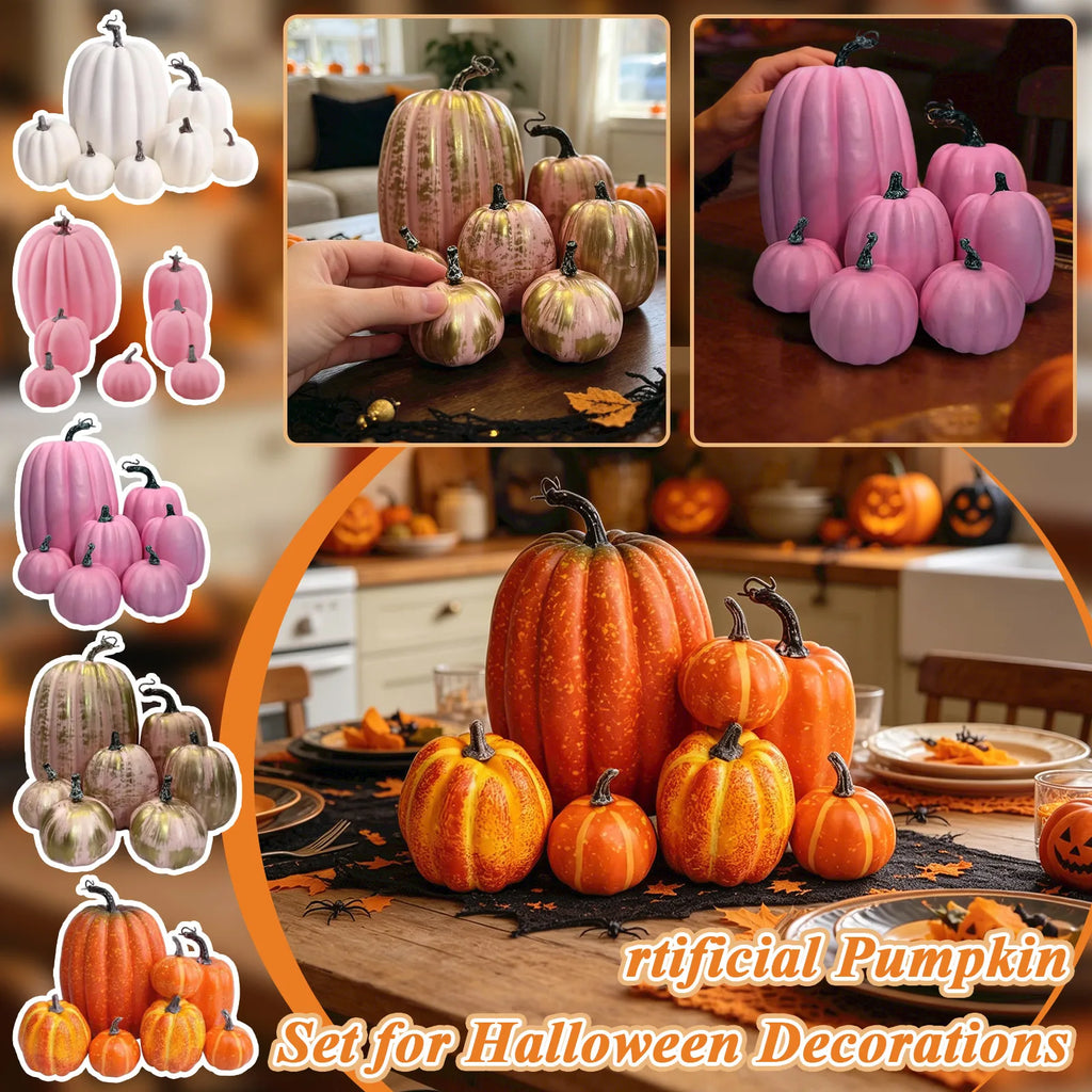 7PCS Multi-size Artificial Pumpkin Set for Halloween Decorations Rustic Fall Thanksgiving Centerpiece Table Ornaments Qme