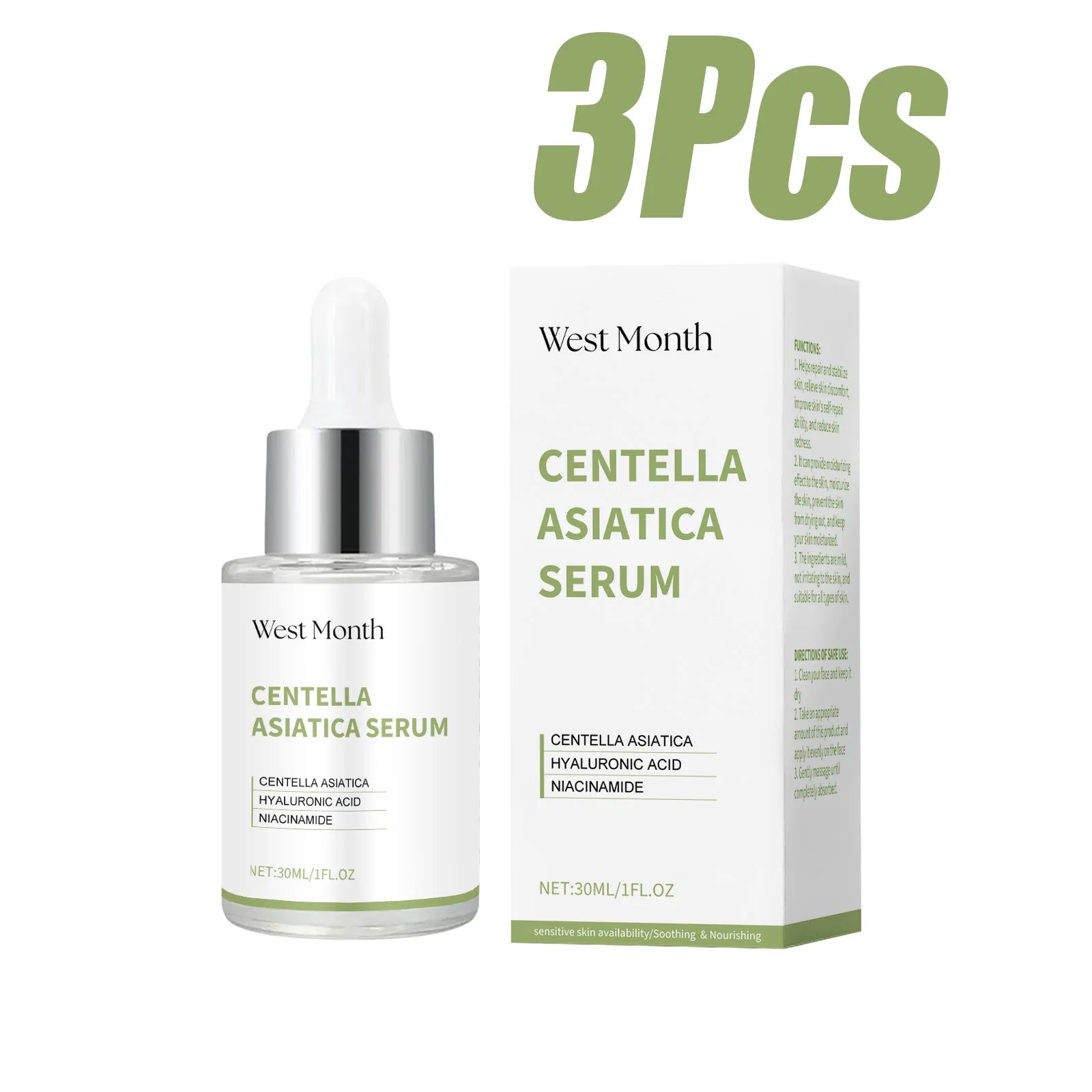 Centella Asiatica Serum Brightening Hydrating Facial Essence Soothing Moisturizing Anti-Redness Beauty Skincare Smooth Texture Qme 3 x 30ml Boxed