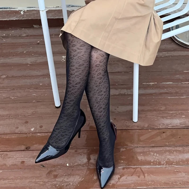 Women Black Sexy Vintage Seamless Stockings Leopard Pattern Sheer Qme