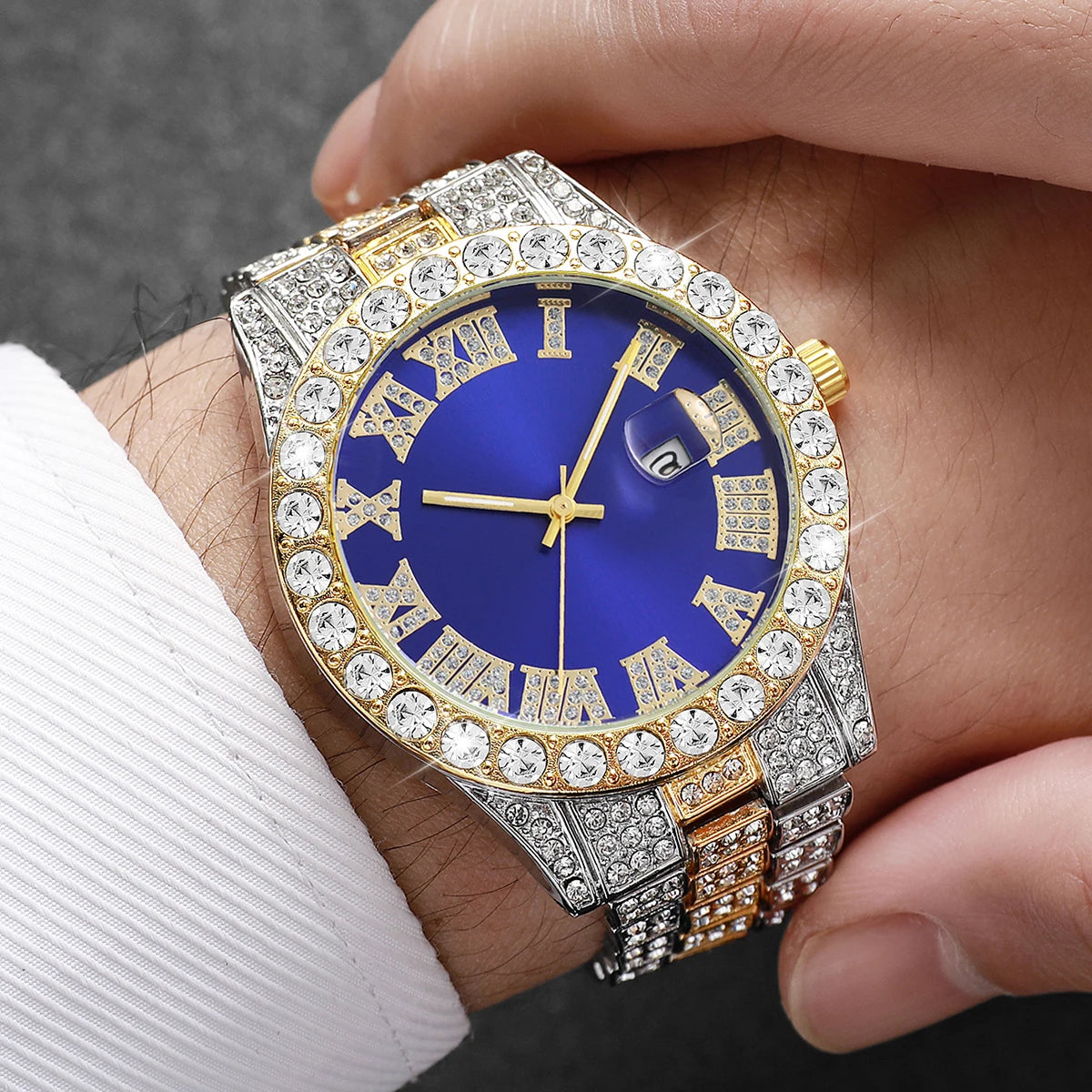 Men's Steel Band Quartz Watch Hip-Hop Business Steel Band Calendar Full Diamond Men's Watch Qme
