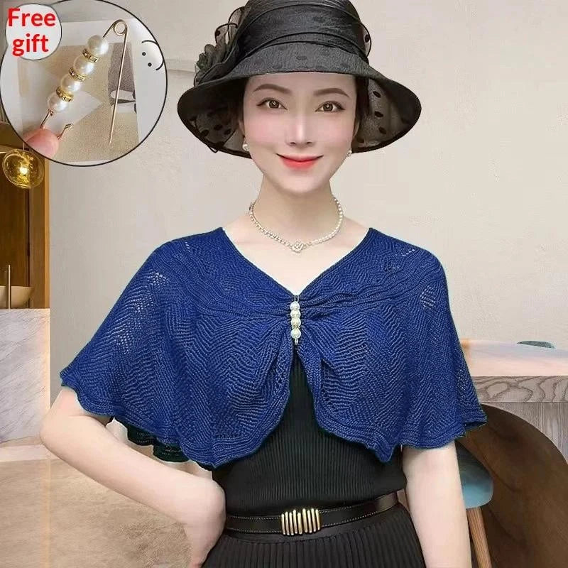 Fashion Knitted Shawl Brooch Hollow Out Summer Air Conditioning Fake Qme Blue