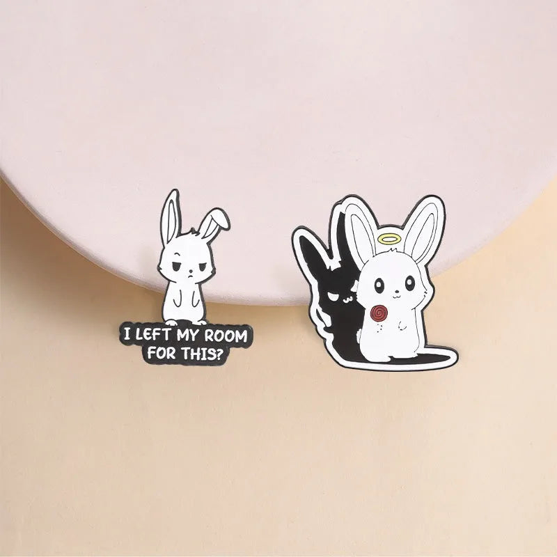 Cute Cartoon Rabbit Metal Enamel Pins Angel Halo Shadow Bunny & Slogan Text Brooches Backpack Hat Decor Gift For Teen Girls Qme