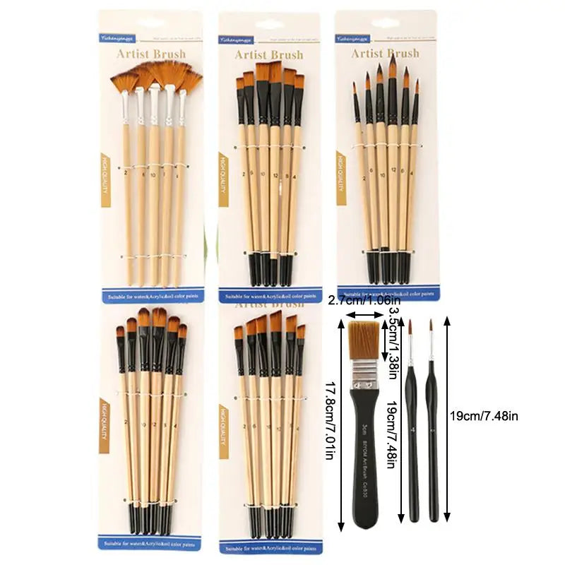 Professional Artist Paint Brush Nylon Bristles Watercolor Acrylic Oil Qme