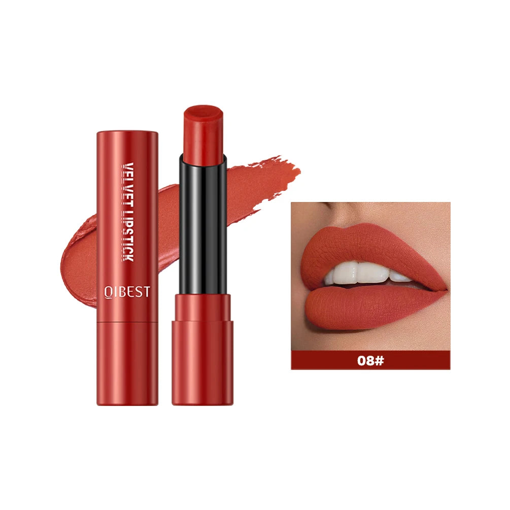 QIBESTNatural Velvet Matte Lipstick Long-lasting 10 Color Lip Stain Lightweight Moisturizing Lip Balm Women Makeup New Lip Tint Qme 08
